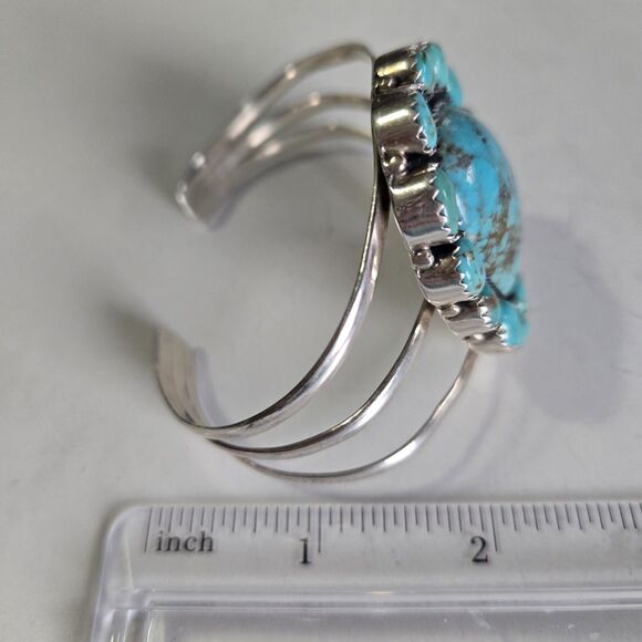Vintage Navajo Sterling Turquoise Cluster Cuff Bracelet 48g Large 7.5" Stamped - Picture 9 of 13